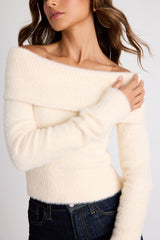 Ravenna Ivory Eyelash Knit Off-the-Shoulder Sweater Top