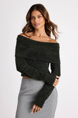 Ravenna Forest Green Eyelash Knit Off-the-Shoulder Sweater Top