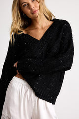 Ewan Black Sequin Cable Knit V-Neck Sweater