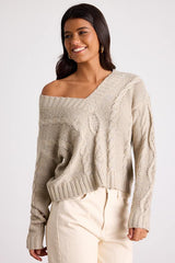 Ewan Light Grey Sequin Cable Knit V-Neck Sweater