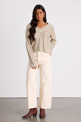 Ewan Light Grey Sequin Cable Knit V-Neck Sweater