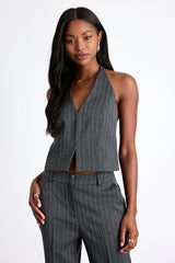 Thalina Dark Grey Pinstriped Rhinestone Halter Vest Top