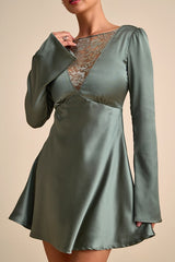 Emberlyn Sage Green Satin Lace Long Sleeve Mini Dress