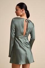 Emberlyn Sage Green Satin Lace Long Sleeve Mini Dress