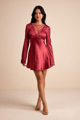 Emberlyn Rusty Rose Satin Lace Long Sleeve Mini Dress
