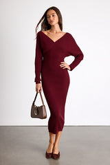 Bixby Burgundy Ribbed Surplice Bodycon Midi Dress