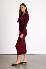 Bixby Burgundy Ribbed Surplice Bodycon Midi Dress