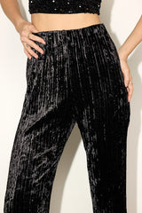 Rakai Black Velvet Textured High-Rise Flare Pants