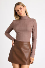 Idyllic Option Light Brown Pointelle Knit Mock Neck Sweater Top