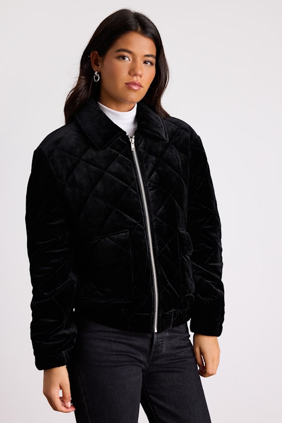 Fayda Black Velvet Quilted Collared Bomber Jacket