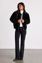 Fayda Black Velvet Quilted Collared Bomber Jacket
