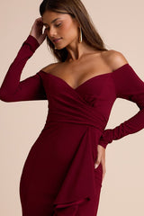 Notorious Perfection Wine Off-the-Shoulder Ruffled Maxi Dress