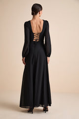Marvelous Affair Black Pleated Lace-Up Maxi Dress