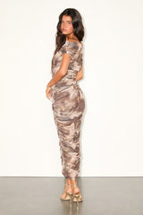 Sunama Taupe Abstract Mesh Ruched Bodycon Midi Dress