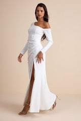 Elegant Sensation White Asymmetrical Pleated Maxi Dress