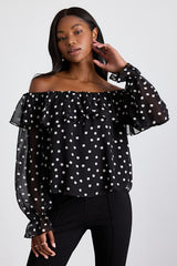 Albright Black Polka Dot Off-the-Shoulder Long Sleeve Top