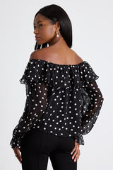 Albright Black Polka Dot Off-the-Shoulder Long Sleeve Top