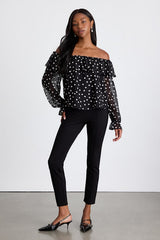 Albright Black Polka Dot Off-the-Shoulder Long Sleeve Top