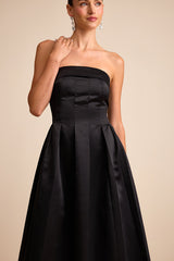 Indaya Black Satin Seamed Pleated Strapless Midi Dress