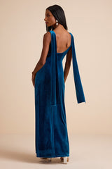 Liora Dark Teal Velvet Boat Neck Sash Maxi Dress