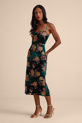 Erisa Emerald Velvet Floral Burnout Midi Dress