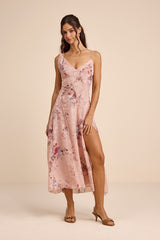 Eirwen Blush Floral Burnout Asymmetrical Midi Dress