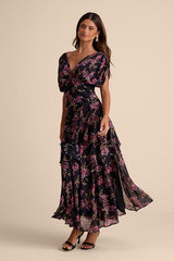Wrenna Black Floral Gathered Tiered Maxi Dress