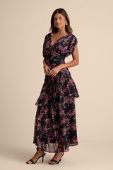 Wrenna Black Floral Gathered Tiered Maxi Dress