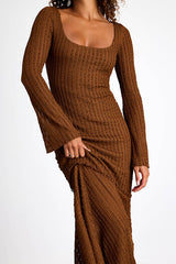 Nelida Brown Textured Long Sleeve Midi Dress