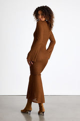 Nelida Brown Textured Long Sleeve Midi Dress