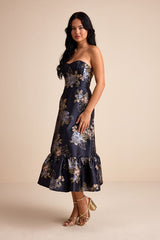 Yashelle Navy Floral Taffeta Strapless Tiered Corset Midi Dress