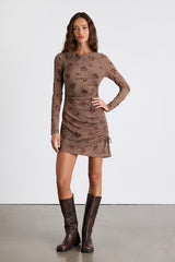 Laudie Light Brown Rose Print Ruched Mini Dress