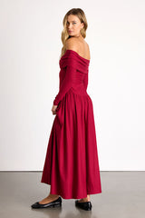 Sescca Wine Red Off-the-Shoulder Jersey Knit Maxi Dress