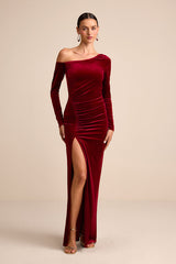 Notorious Icon Wine Red Velvet Asymmetrical Maxi Dress