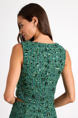 Namari Emerald Tweed Sequin Button-Front Crop Top