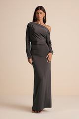 Valani Charcoal Jersey Knit Asymmetrical Long Sleeve Maxi Dress