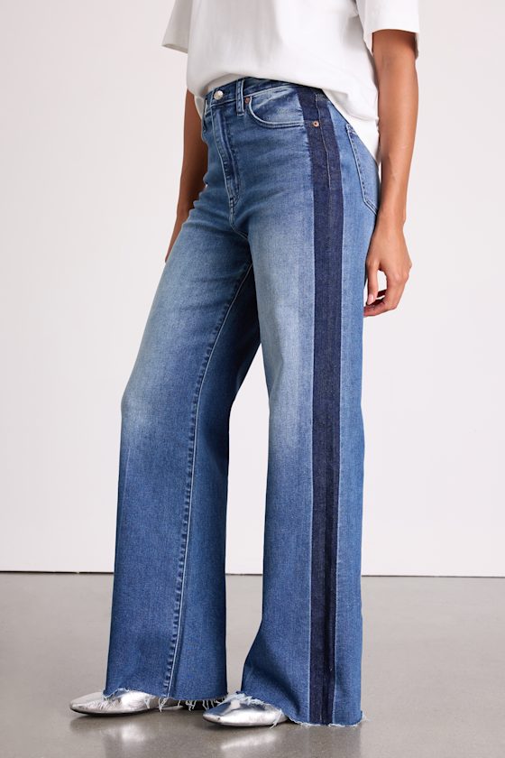 Far Out Medium Wash Striped Raw Hem Wide-Leg Jeans