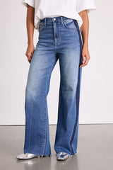 Far Out Medium Wash Striped Raw Hem Wide-Leg Jeans