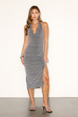 Elaya Black and Silver Lurex Halter Midi Dress
