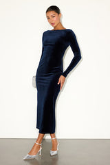 Verity Navy Velvet Backless Long Sleeve Midi Dress