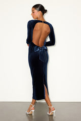 Verity Navy Velvet Backless Long Sleeve Midi Dress