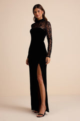 Avalia Black Velvet Lace Mock Neck Maxi Dress