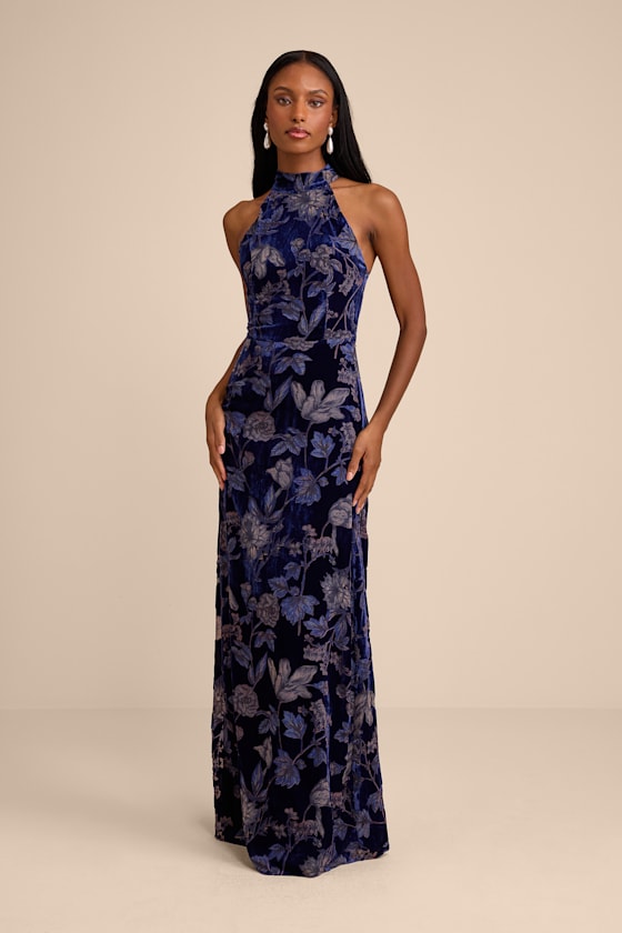 Amberline Navy Velvet Burnout Halter Maxi Dress