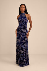 Amberline Navy Velvet Burnout Halter Maxi Dress