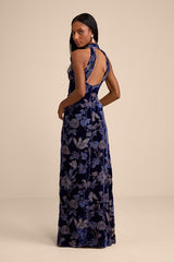 Amberline Navy Velvet Burnout Halter Maxi Dress