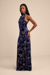 Amberline Navy Velvet Burnout Halter Maxi Dress