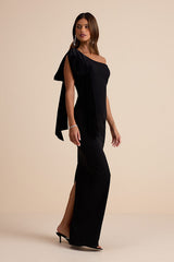 Amarila Black One-Shoulder Velvet Bow Maxi Dress