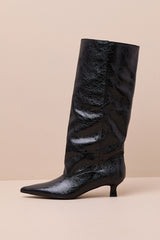 Alexandria Black Distressed Knee-High Kitten Heel Boots