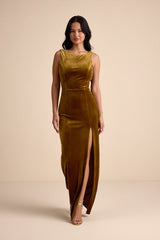 Zoraia Olive Velvet Cowl-Back Sleeveless Maxi Dress