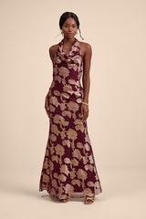 Zafira Burgundy and Gold Burnout Cowl Halter Maxi Dress